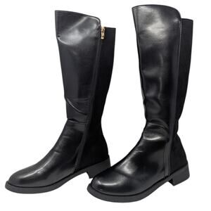 Black Vegan Leather Knee High Riding Boots Wide Calf Size 43 Zip Back Panel
